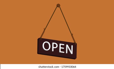 Open shop hanging sign, 3D vector, brown label, said to be open White letters With a rope tied to the sign The orange background has shadows falling across the full color image.