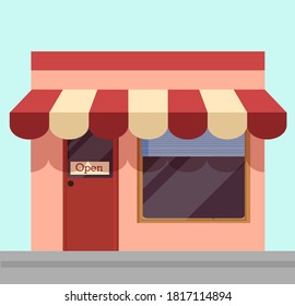 Open shop illustration. Cartoon shopping kiosk with white and red awning open to visitors information hanging message on doors of cafe simple effective vector advertising.