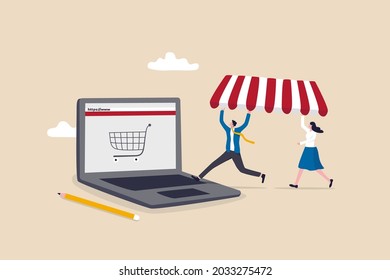 Open Shop Online, Start E-commerce Store Selling Product Online, Build Website Create Virtual Store In The Internet Concept, Business People Shop Owner Building New Website On Laptop Computer.