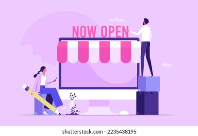 Open shop online, start e-commerce store selling product online, build website create store on the internet concept, business people shop owner building new website on computer