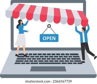 Open shop online, Start e-commerce stores selling products online, Build websites, Create virtual stores in the internet, Shop on new website on laptop

