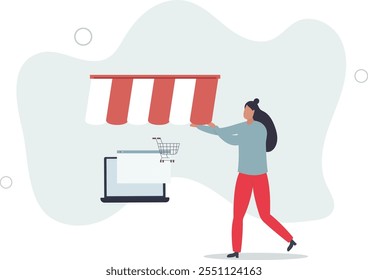 Open shop online, start e-commerce store selling product online, build website create virtual store in the internet concept.flat characters.