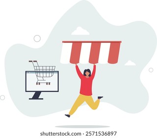 Open shop online, start e-commerce store selling product online, build website create virtual store in the internet concept.flat characters.