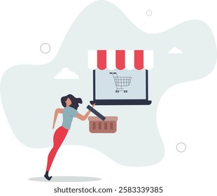 Open shop online, start e-commerce store selling product online, build website create virtual store in the internet concept.flat character life .