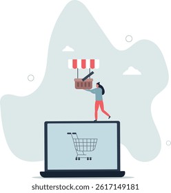 Open shop online, start e-commerce store selling product online, build website create virtual store in the internet concept. character life . character life .