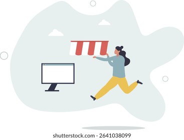 Open shop online, start e-commerce store selling product online, build website create virtual store in the internet concept. character life .
