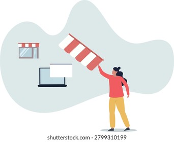 Open shop online, start e-commerce store selling product online, build website create virtual store in the internet concept.life situation and activities.