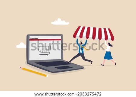 Open shop online, start e-commerce store selling product online, build website create virtual store in the internet concept, business people shop owner building new website on laptop computer.