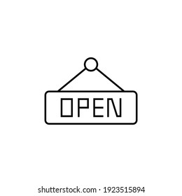 icono de signo de tienda abierta con estilo de línea negra plana, aislado en fondo blanco 