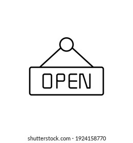 open shop sign icon  in flat black line style, isolated on white background 