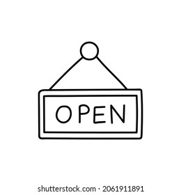 open shop sign icon  in flat black line style, isolated on white background 