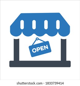 Open shop, store, 24 hour open icon on white background