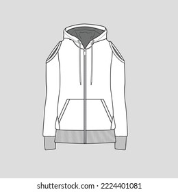 Open Shoulder Zipper Hoodie sweatshirt kangaroo pocket long sleeve  ribbed hem Fashion flat sketch template cad drawing design