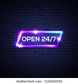 Open sign 24 7 hours. Neon light rectangle round the clock store frame on brick texture wall background. Opening neon signage 24 Hours. Square techno night club banner 3d realistic vector illustration