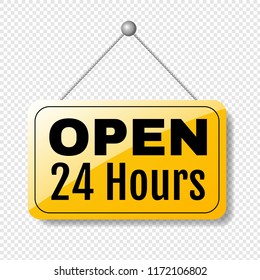 Open Sign 24 Hours Transparent Background, Vector Illustration