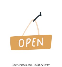 Open sign board hanging on nail, hand drawn flat vector illustration isolated on white background. Cafe, restaurant or store element for door.