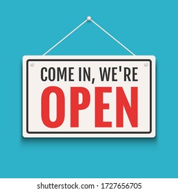 Open sign business vector shop icon. We are open door welcome board