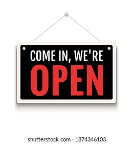 Open sign business vector shop icon. We are open door welcome board