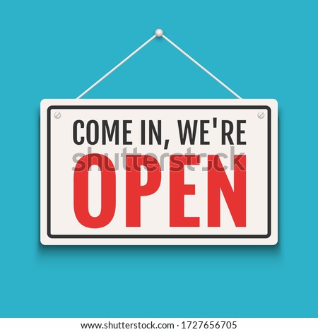 Open sign business vector shop icon. We are open door welcome board
