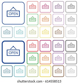 Open sign color flat icons in rounded square frames. Thin and thick versions included.