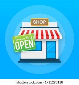 Open Sign Door. Shop Or Market Store Front Exterior Facade. Vector Stock Illustration