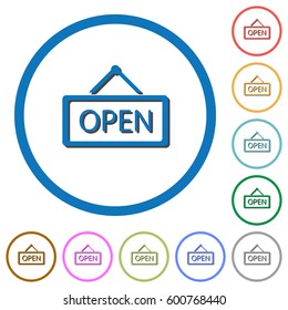Open sign flat color vector icons with shadows in round outlines on white background