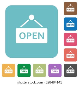 Open sign flat icons on simple color square background.