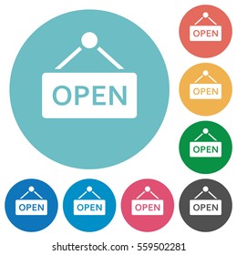 Open sign flat white icons on round color backgrounds