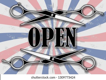 Open sign with hairdressing scissors for barber shop. Vector illustration