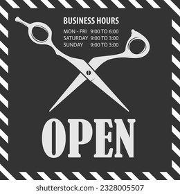 Open sign with hairdressing scissors for barbershop. Vector illustration