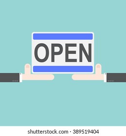 Open sign with hands. Flat design for business financial marketing banking advertising commercial event web minimal concept cartoon illustration.