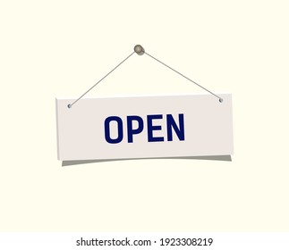 Open sign hanging on yellow wall. Realistic sign open hang on nail. Vector illustration in flat style.