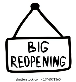 Open sign hanging. Text Big Reopening. Service, restaurant, shop and cafe re-opening. Template for door sign, banner, blog. Vector doodle illustration.