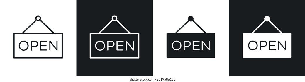 Open sign icon collection in black and white filled and stroke line style.