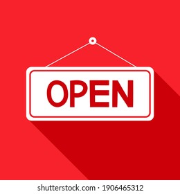 Open sign icon on red background.