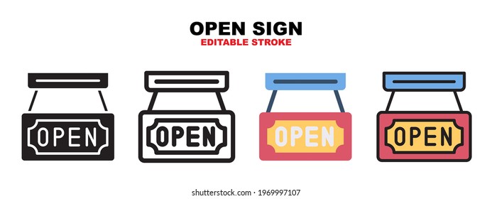 Open Sign icon set with different styles. Icons designed in filled, outline, flat, glyph and line colored. Editable stroke and pixel perfect. Can be used for web, mobile, ui and more.
