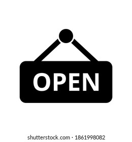 Open sign icon in trendy flat style. Board with text line icon. Business signboard hanging on a nail