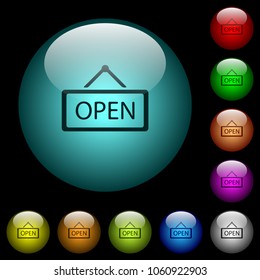 Open sign icons in color illuminated spherical glass buttons on black background. Can be used to black or dark templates