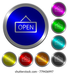 Open sign icons on round luminous coin-like color steel buttons