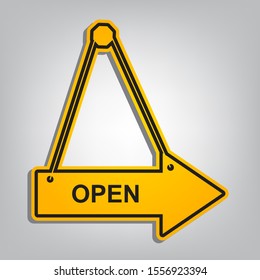 Open sign illustration. Flat orange icon with overlapping linear black icon with gray shadow at whitish background. Illustration.