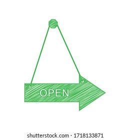 Open sign illustration. Green scribble Icon with solid contour on white background. Illustration.