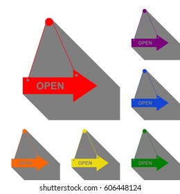 Open sign illustration. Set of red, orange, yellow, green, blue and violet icons at white background with flat shadow.