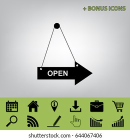 Open sign illustration. Vector. Black icon at gray background with bonus icons at celery ones