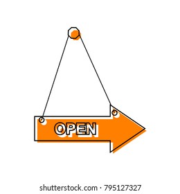 Open sign illustration. Vector. Black line icon with shifted flat orange filled icon on white background. Isolated.