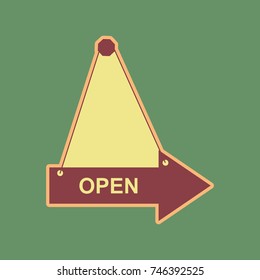 Open sign illustration. Vector. Cordovan icon and mellow apricot halo with light khaki filled space at russian green background.