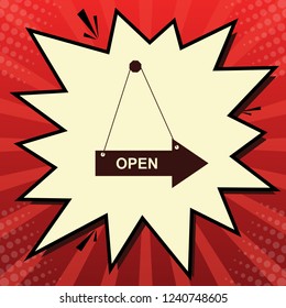 Open sign illustration. Vector. Dark red icon in lemon chiffon shutter bubble at red popart background with rays.