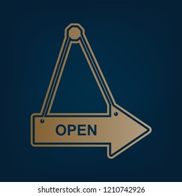 Open sign illustration. Vector. Golden icon and border at dark cyan background.