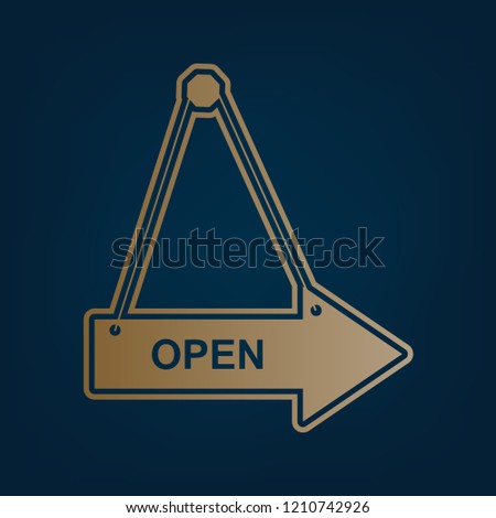 Open sign illustration. Vector. Golden icon and border at dark cyan background.