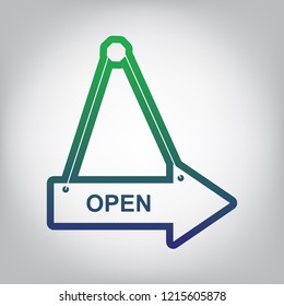 Open sign illustration. Vector. Green to blue gradient contour icon at grayish background with light in center.