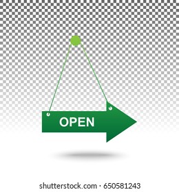 Open sign illustration. Vector. Green gradient icon with shadow at bottom on transparent and white background.